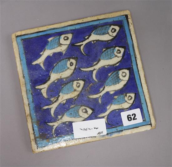A 19th century Quajar tile with fish 20 x 20cm